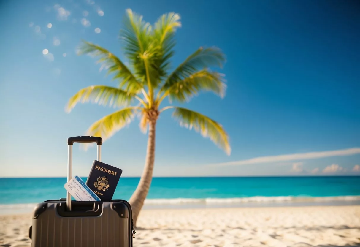 A sunny beach with a clear blue sky, a palm tree, and a suitcase with a passport and plane ticket