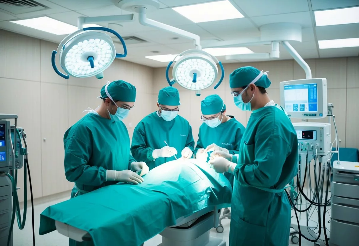 A modern, sterile operating room with advanced medical equipment and a team of skilled professionals performing a cosmetic procedure