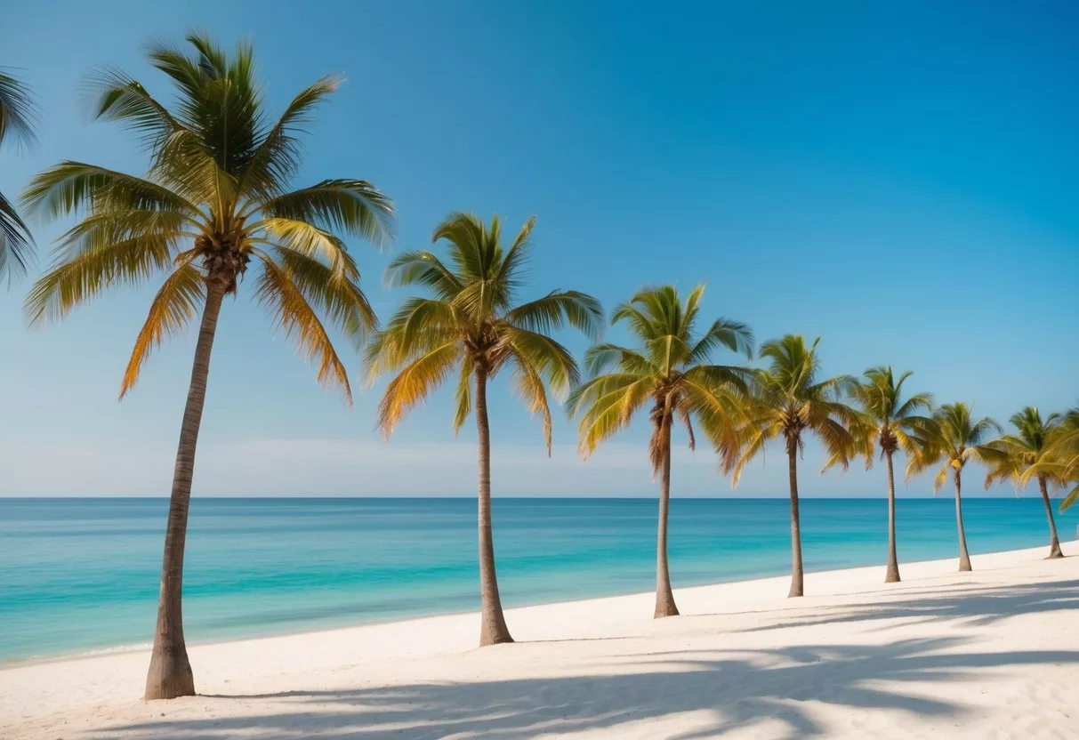 A serene beach with a line of palm trees, a clear blue sky, and a peaceful ocean, representing affordable liposuction destinations