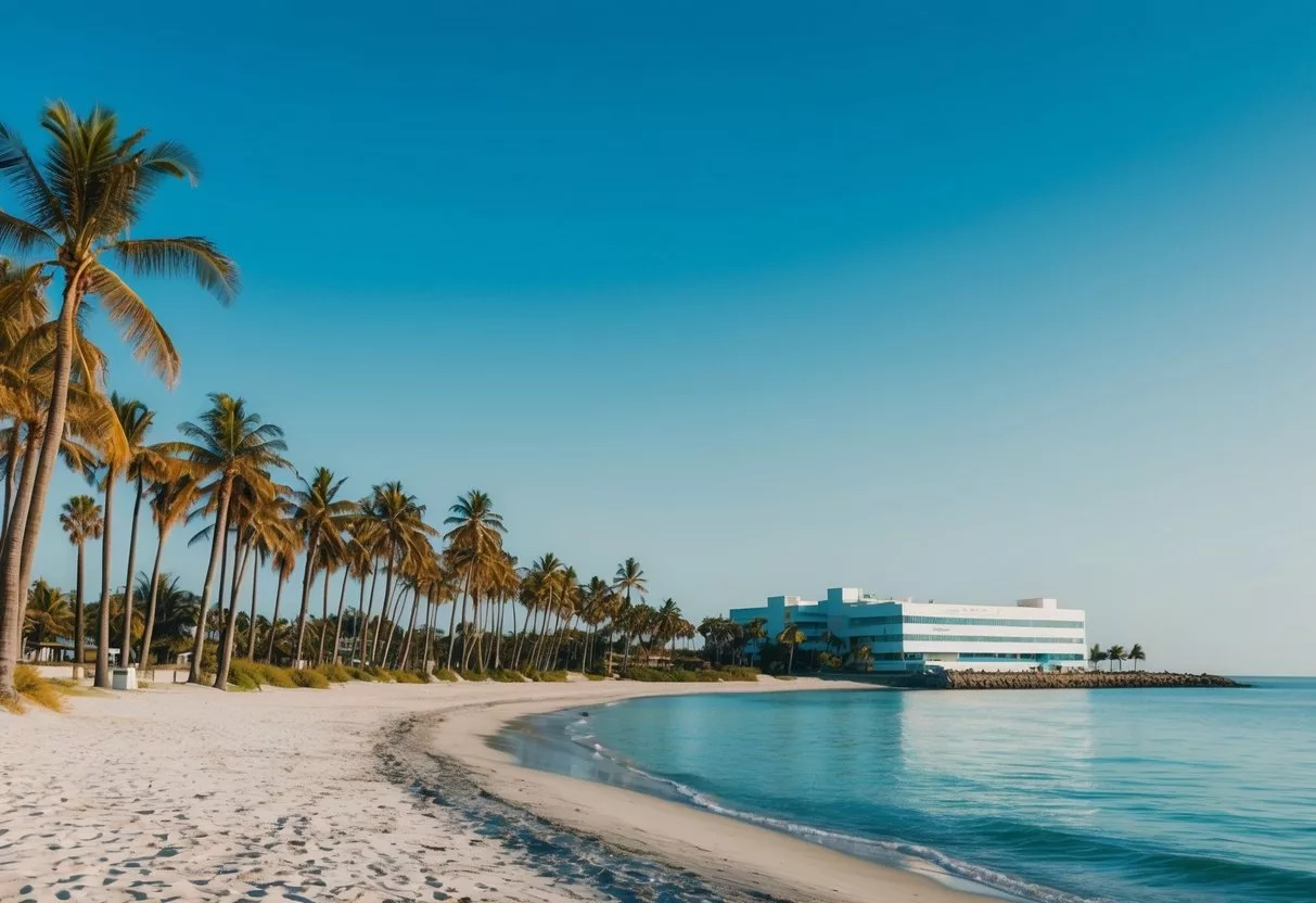 A serene beach setting with a palm tree-lined coastline and a clear blue sky, with a medical facility in the background