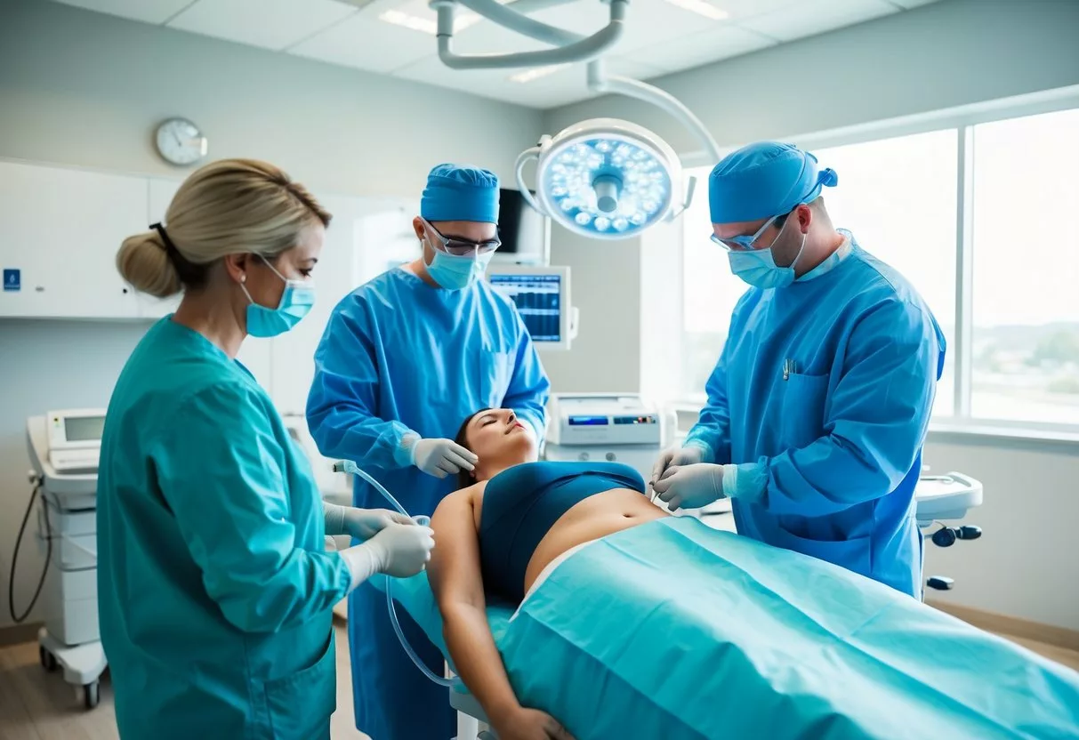 A serene medical facility with modern equipment and a team of professionals performing liposuction on a patient