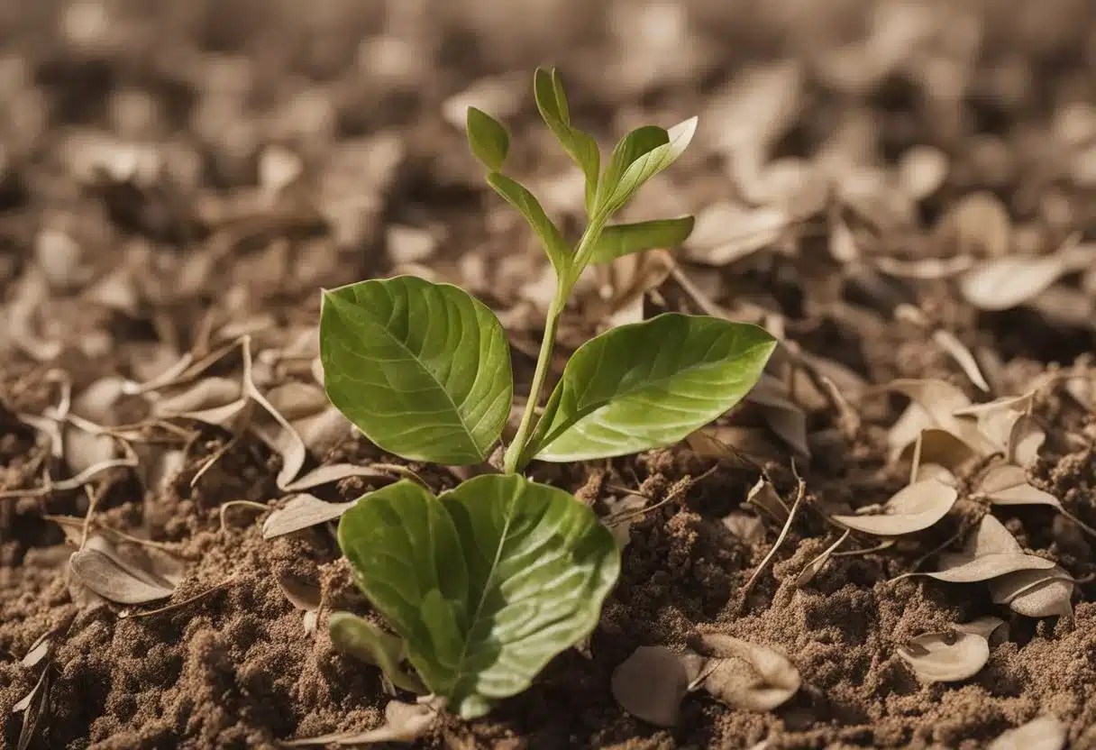 A wilted plant in dry soil, with drooping leaves and brown edges