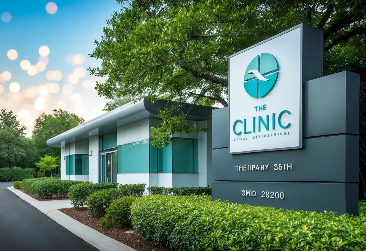 A serene, modern clinic with a sleek exterior, surrounded by lush greenery. A sign with the clinic's name and logo is prominently displayed