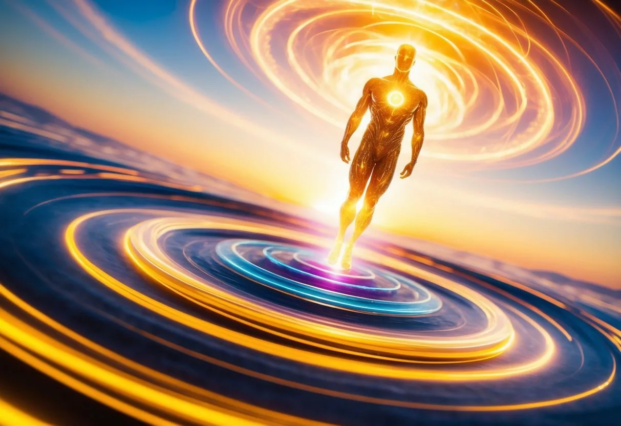 A glowing, golden figure hovers above a swirling vortex of vibrant, pulsating energy