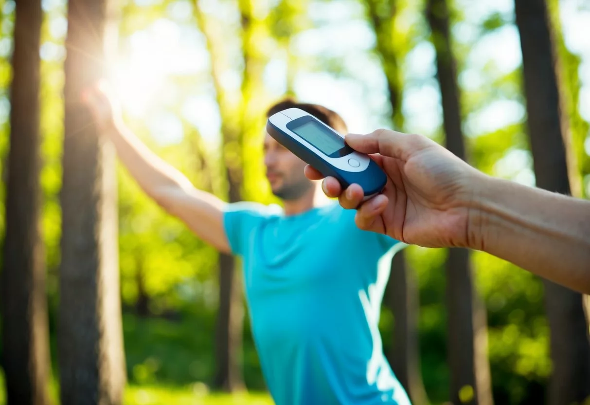 A person exercising outdoors, surrounded by trees and sunlight, with a glucose meter showing a decrease in levels