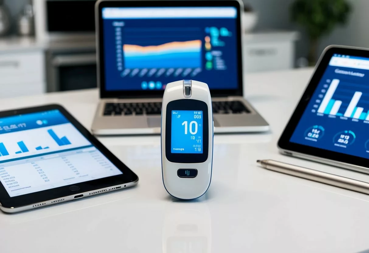 A sleek, modern glucose meter sits on a clean, white countertop, surrounded by a smartphone, tablet, and laptop displaying graphs and data