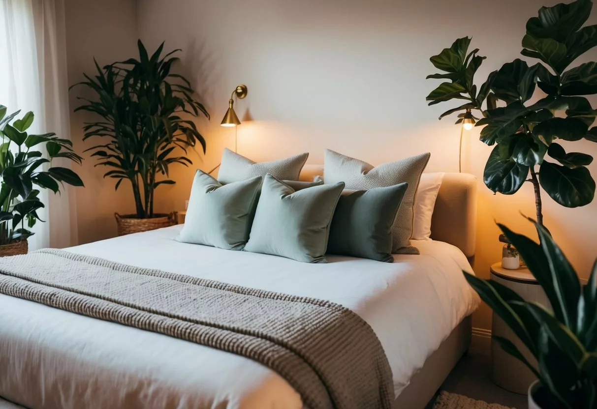 A serene bedroom with soft, warm lighting, a cozy bed adorned with plush pillows and a soothing color palette, surrounded by lush plants and calming decor