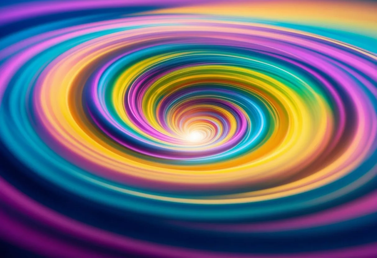 A vibrant, swirling vortex of colorful energy emanates from a central point, radiating outwards in all directions