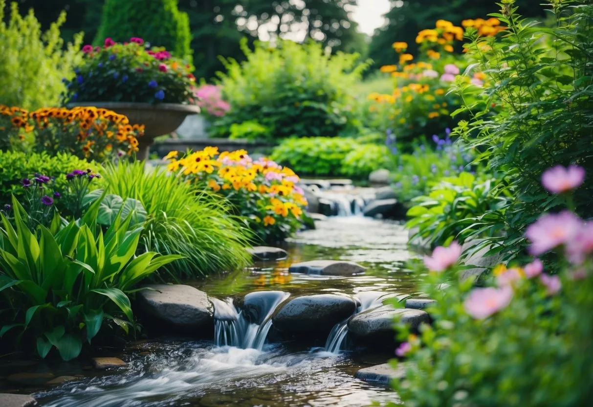 A serene garden with a flowing stream, surrounded by lush greenery and vibrant flowers, with a peaceful aura