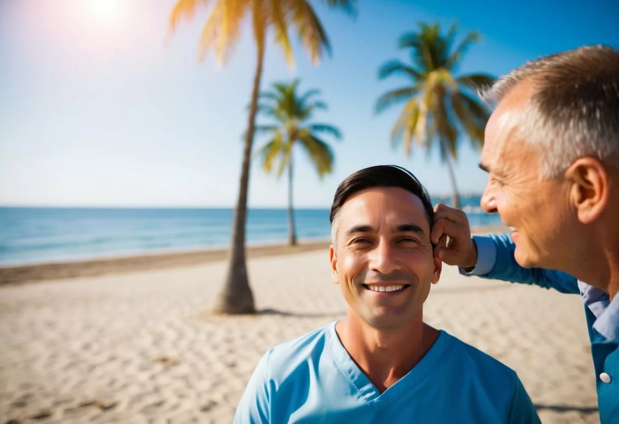 A sunny beach with palm trees and a modern clinic in the background, with a happy patient admiring their new hairline