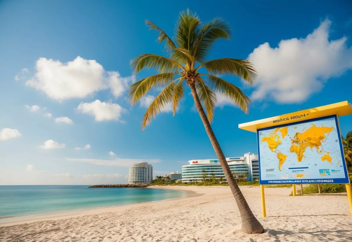 A sunny beach with a palm tree, a medical facility, and a map showing various countries