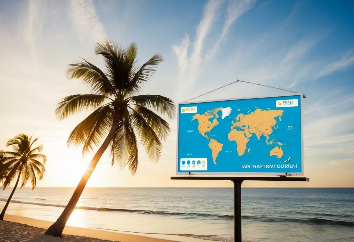 A sunny beach with palm trees, a modern clinic, and a world map with highlighted destinations for hair transplant tourism