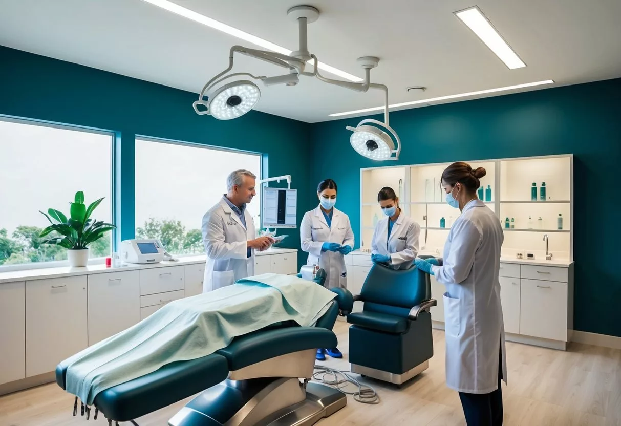 A serene, modern clinic with state-of-the-art equipment and comfortable seating. A doctor consults with a patient while a team of professionals prepare for a hair transplant procedure