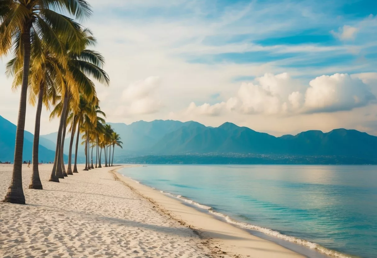 A sunny beach with a line of palm trees, a tranquil ocean, and a picturesque backdrop of mountains