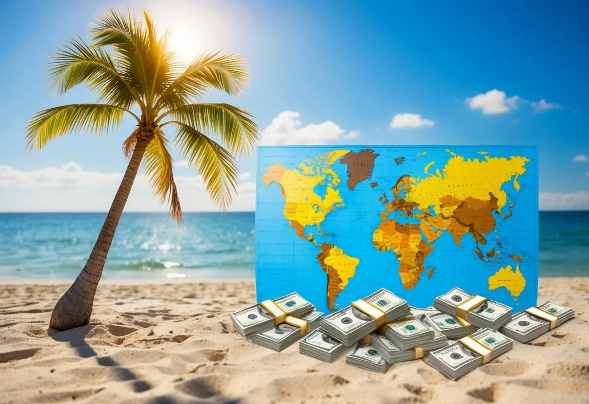 A sunny beach with a palm tree, a map of the world, and a pile of money, representing the factors of cost, results, and best countries for hair transplant tourism