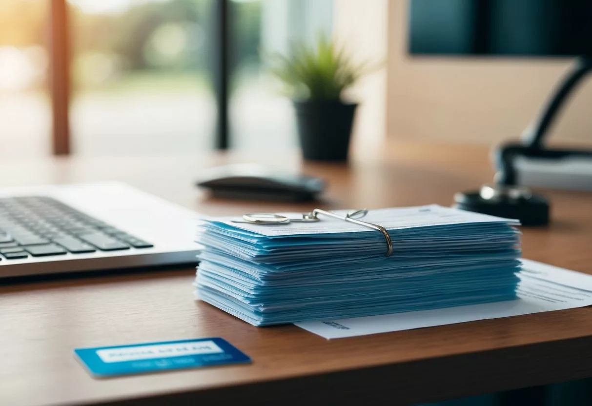 A stack of medical bills and a health insurance card on a desk