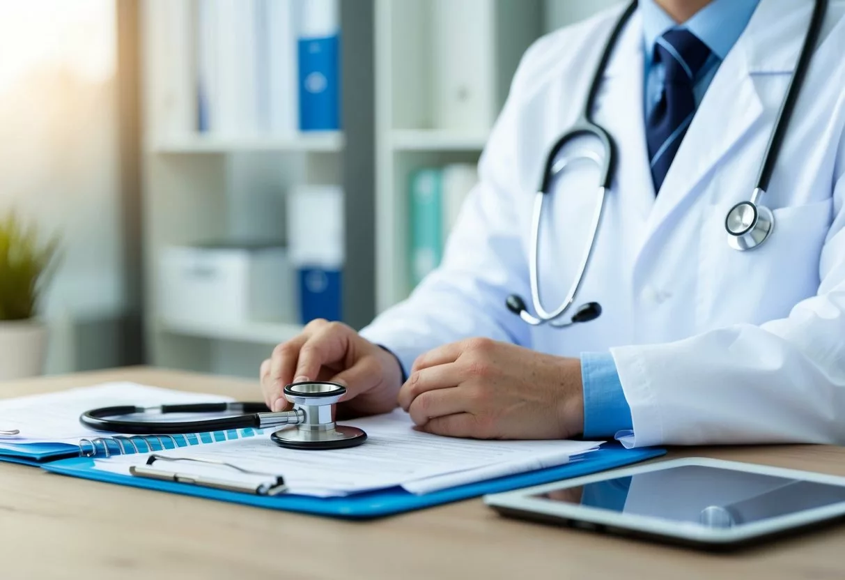 A doctor's office with a stethoscope and medical charts, representing Medicare and Medicaid health insurance