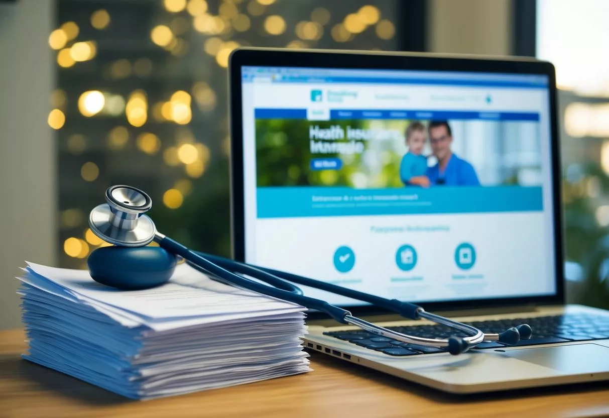 A stethoscope resting on a stack of paperwork, alongside a computer screen displaying a health insurance website