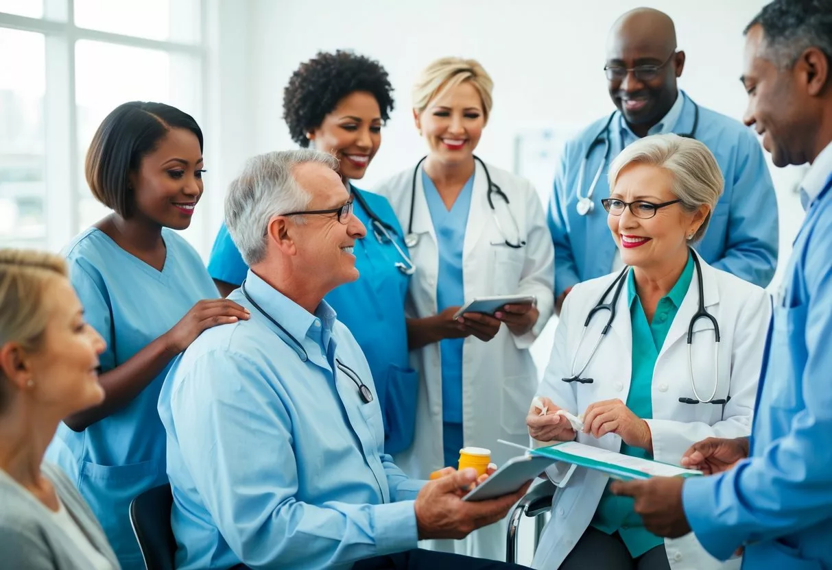 A diverse group of people receiving medication and special services under the coverage of their health insurance