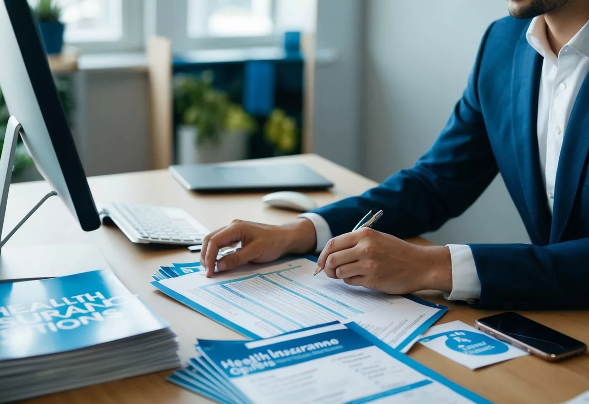 A person sitting at a desk, filling out paperwork with a computer and phone nearby, surrounded by brochures and information about health insurance options