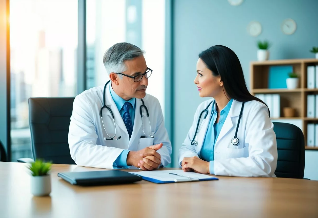 A doctor explaining health insurance coverage to a patient in a modern office setting