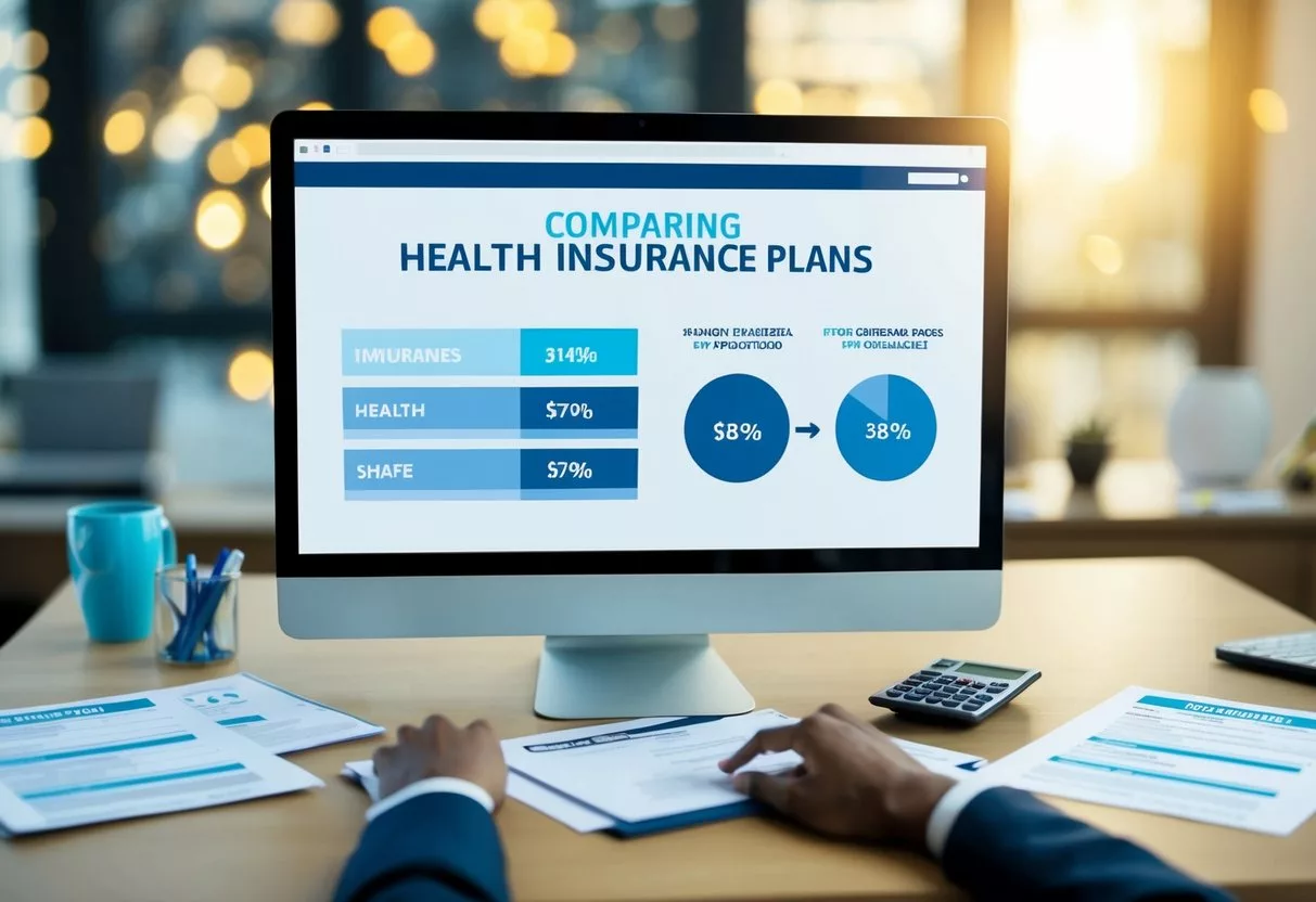 A person comparing different health insurance plans on a computer, surrounded by paperwork and a calculator