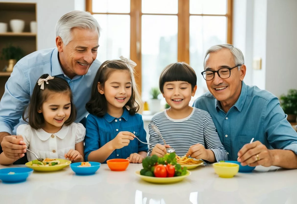 A family of four at different life stages, from young children to elderly parents, each engaging in different activities representing their respective life stages