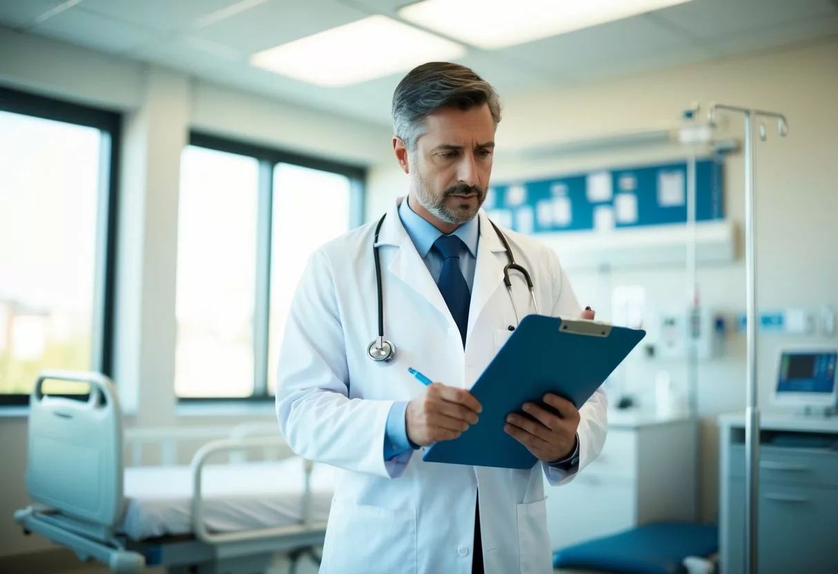 A doctor in a white coat standing in a hospital room, looking at a clipboard with a concerned expression