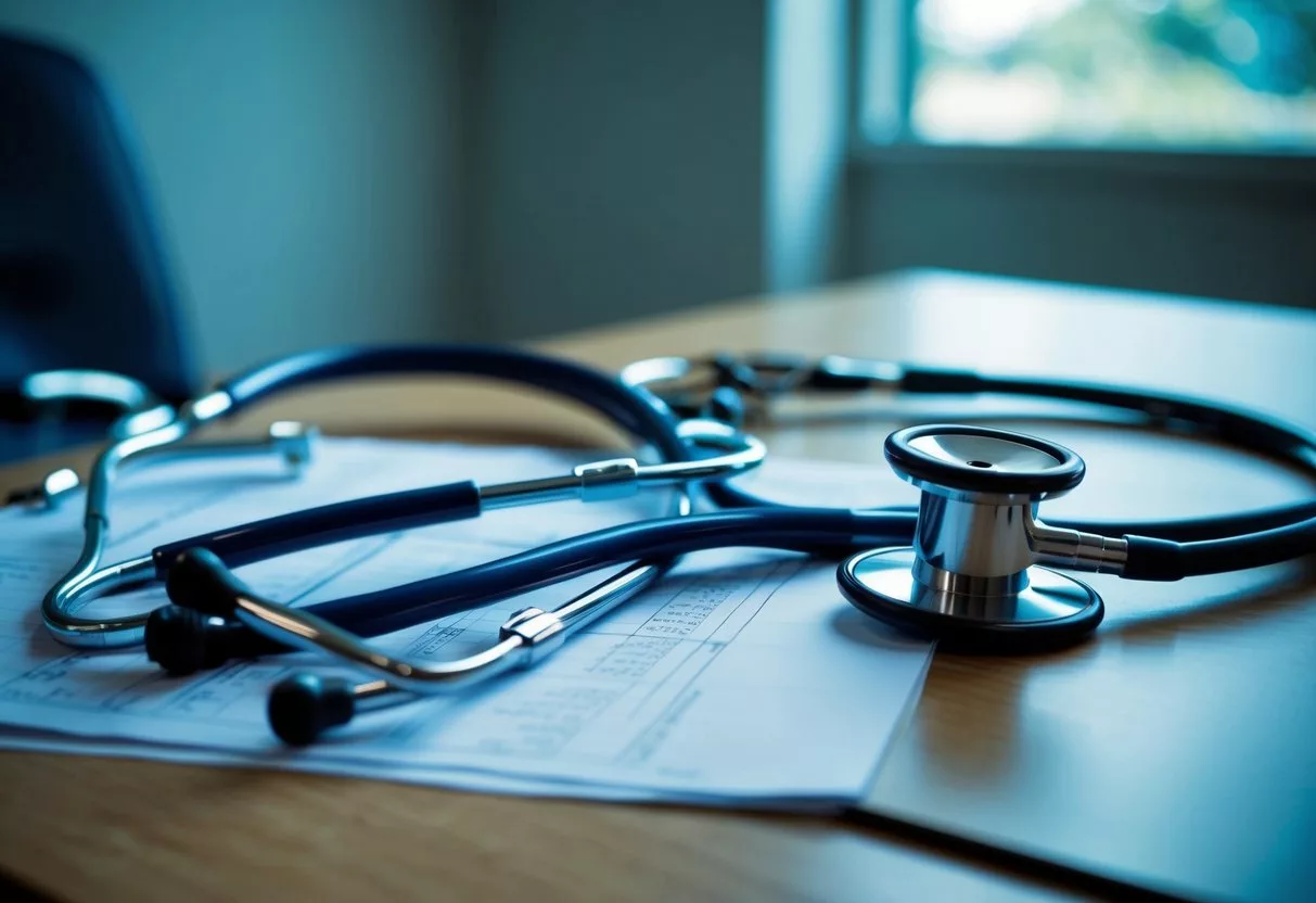 A doctor's stethoscope and medical chart lay abandoned on a cluttered desk in a dimly lit examination room