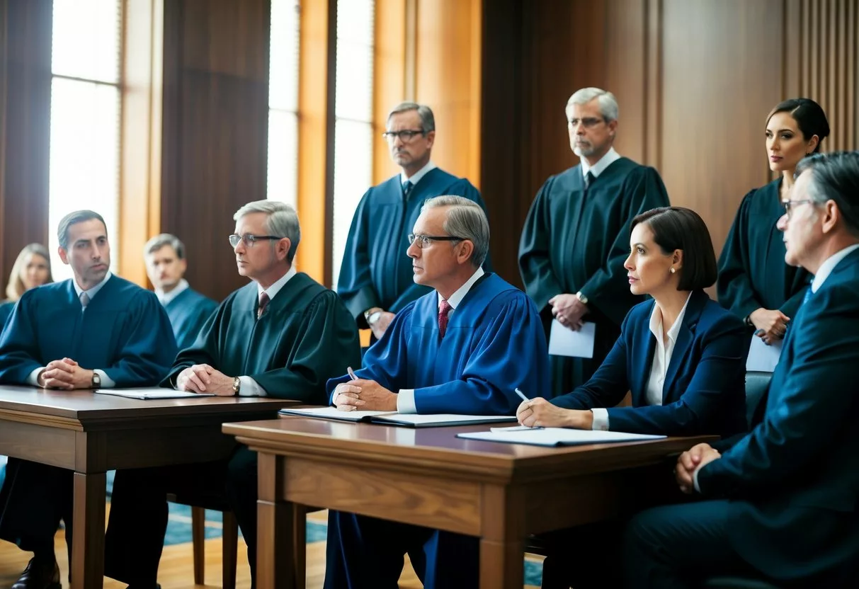 A courtroom scene with a judge, lawyers, and a jury listening to arguments and evidence in a medical malpractice case