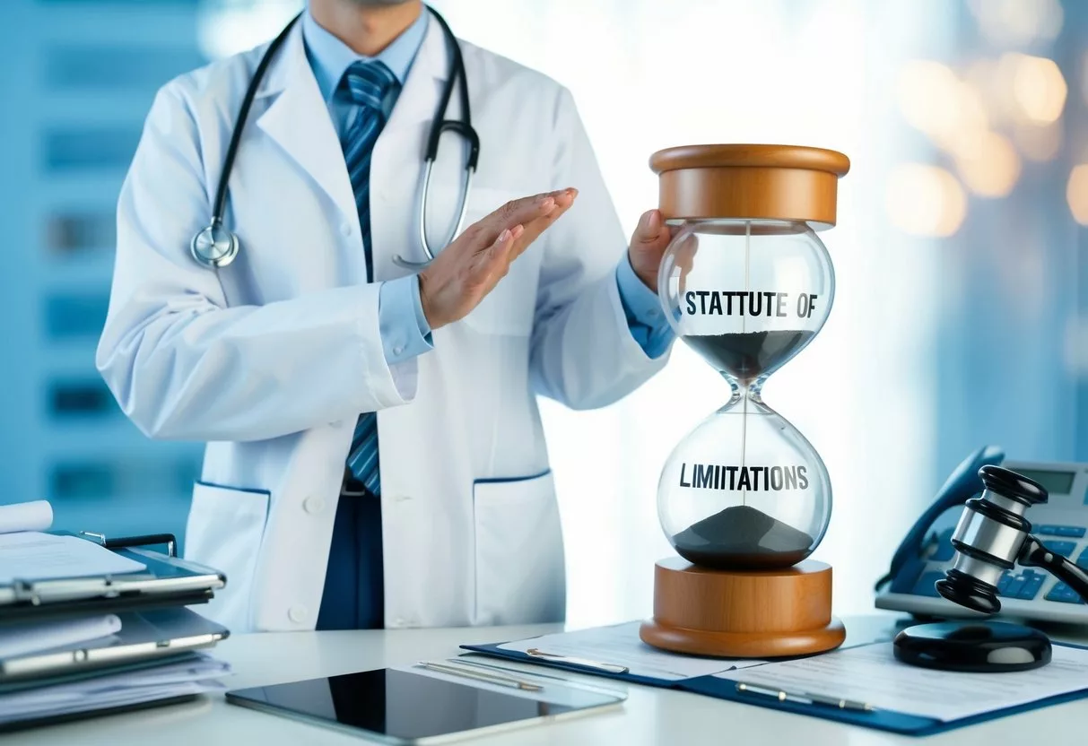 A medical professional standing beside a large hourglass with the words "Statute of Limitations" written on it, surrounded by medical equipment and legal documents