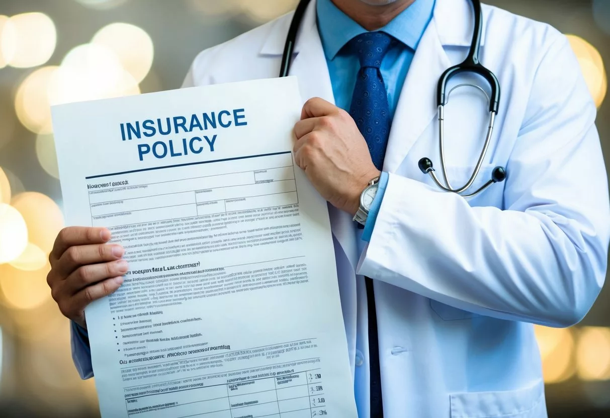 A doctor in a white coat stands next to a large insurance policy document, with a stethoscope draped over it