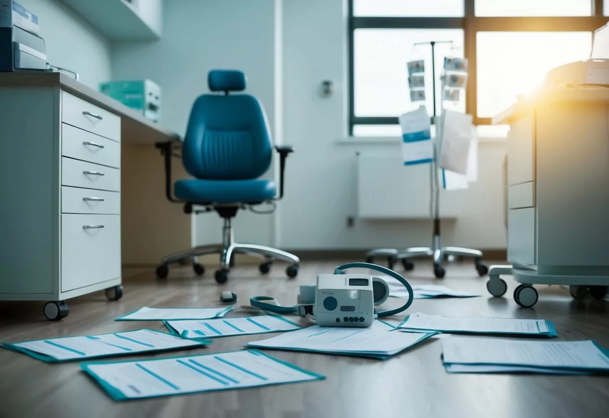 A doctor's office with a broken medical equipment and a patient's medical records scattered on the floor