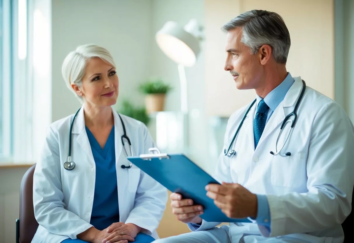 A doctor discussing medical treatment with a patient, both seated in a well-lit examination room. The doctor is holding a clipboard and the patient is listening attentively