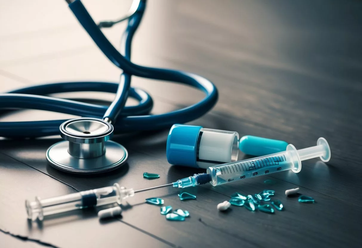 A doctor's stethoscope tangled in a knot, a broken pill bottle, and a shattered syringe on the floor