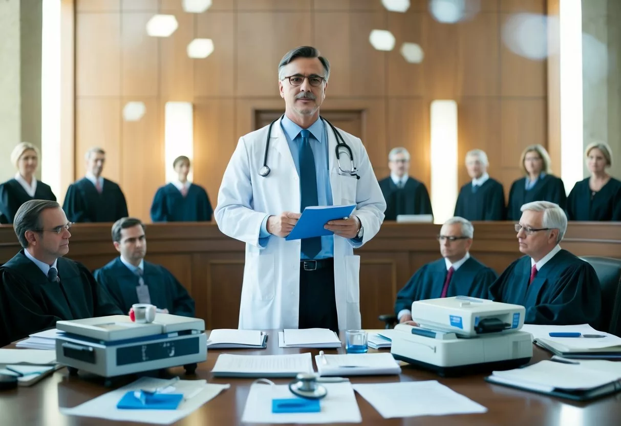 A doctor standing in a courtroom, surrounded by lawyers and judges, with medical equipment and documents scattered on the table