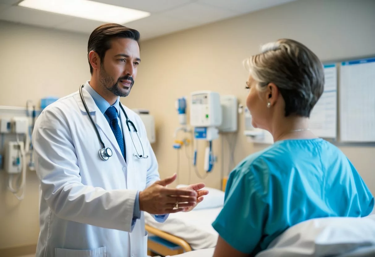 A doctor in a white lab coat discusses treatment options with a patient in a hospital room. Medical equipment and charts are visible in the background