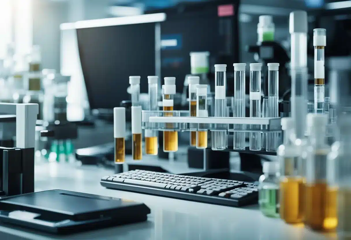 A laboratory setting with test tubes, vials, and equipment for analyzing blood samples. The focus is on a computer screen displaying elevated liver enzyme levels