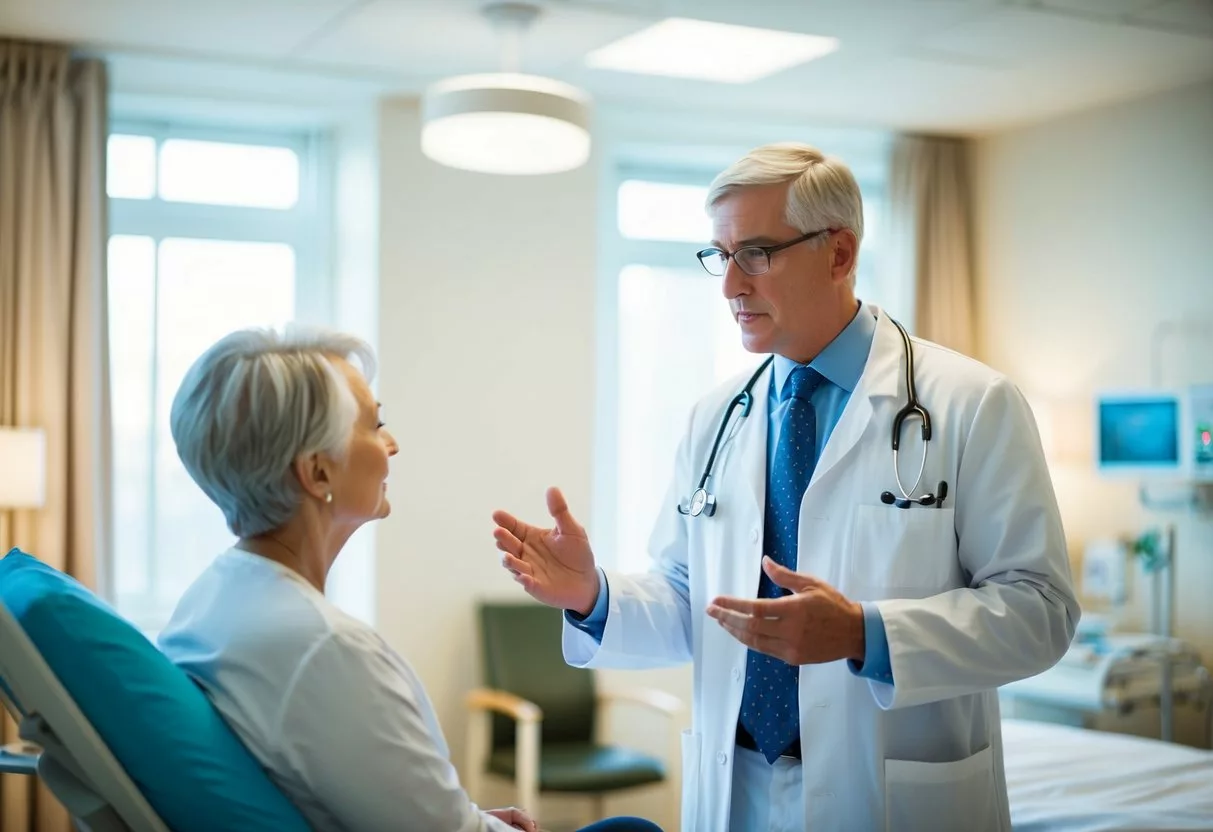 A doctor discussing treatment options with a patient in a hospital room