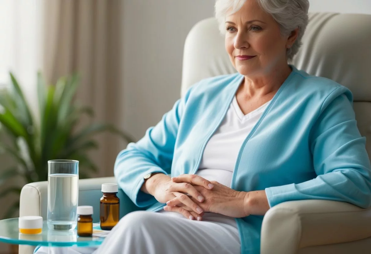 A person sitting in a comfortable chair, surrounded by medication bottles and a glass of water. A calm, serene expression on their face as they manage their mesothelioma treatment