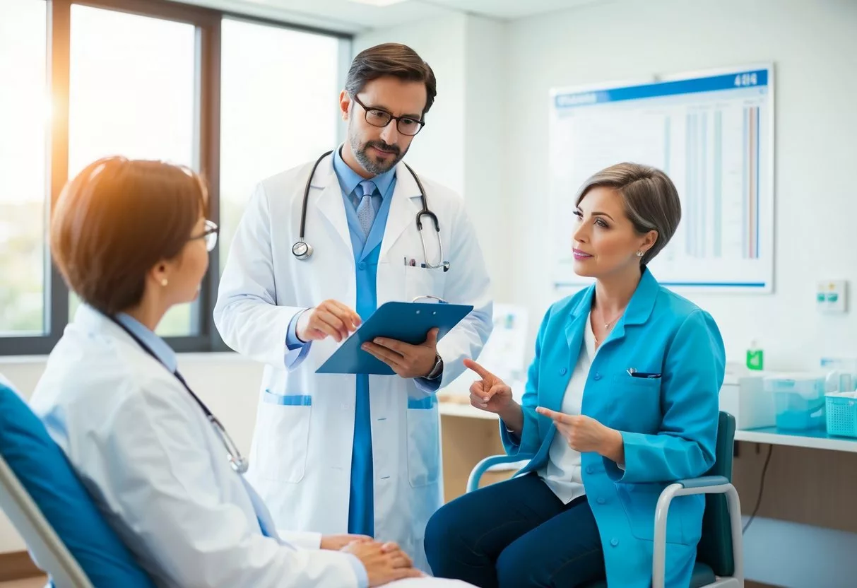 A doctor in a lab coat discusses treatment options with a patient in a hospital room. The patient is seated in a chair, while the doctor holds a clipboard and gestures towards a chart on the wall