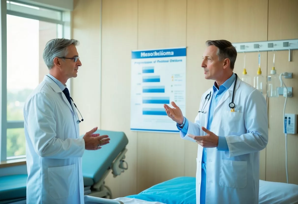 A doctor in a lab coat discussing treatment options with a patient in a hospital room. A chart showing the progression of mesothelioma is displayed on the wall