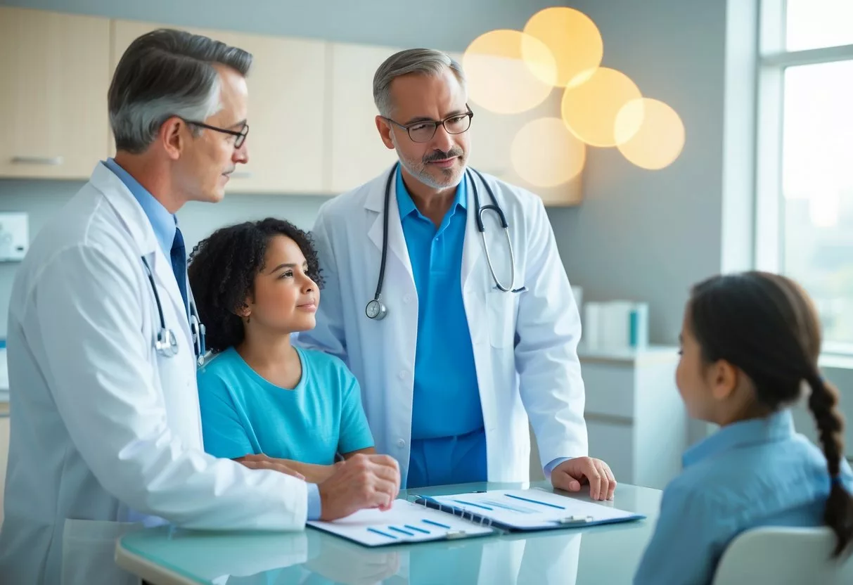 A doctor discussing treatment options with a mesothelioma patient's family in a hospital consultation room