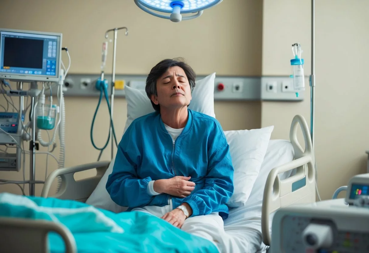 A person sitting in a hospital room, surrounded by medical equipment and receiving treatment for mesothelioma. The person looks tired and weak, with a sense of discomfort and struggle evident in their expression