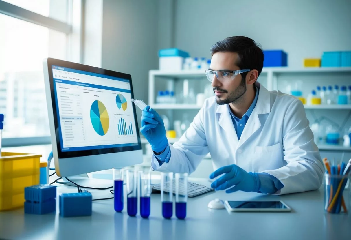 A scientist in a lab, surrounded by test tubes and equipment, analyzing data on a computer screen related to emerging treatments and clinical trials for mesothelioma treatment