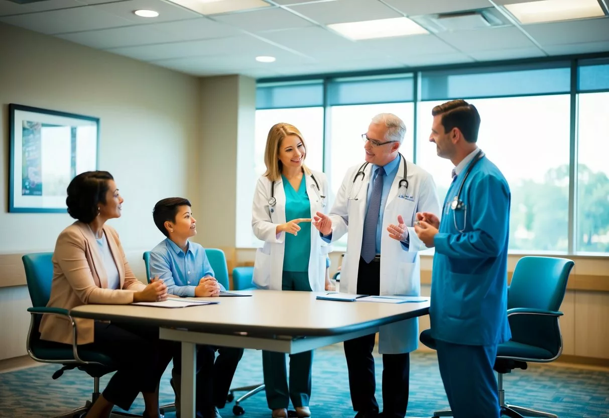 A doctor discussing treatment options with a patient's family in a hospital conference room