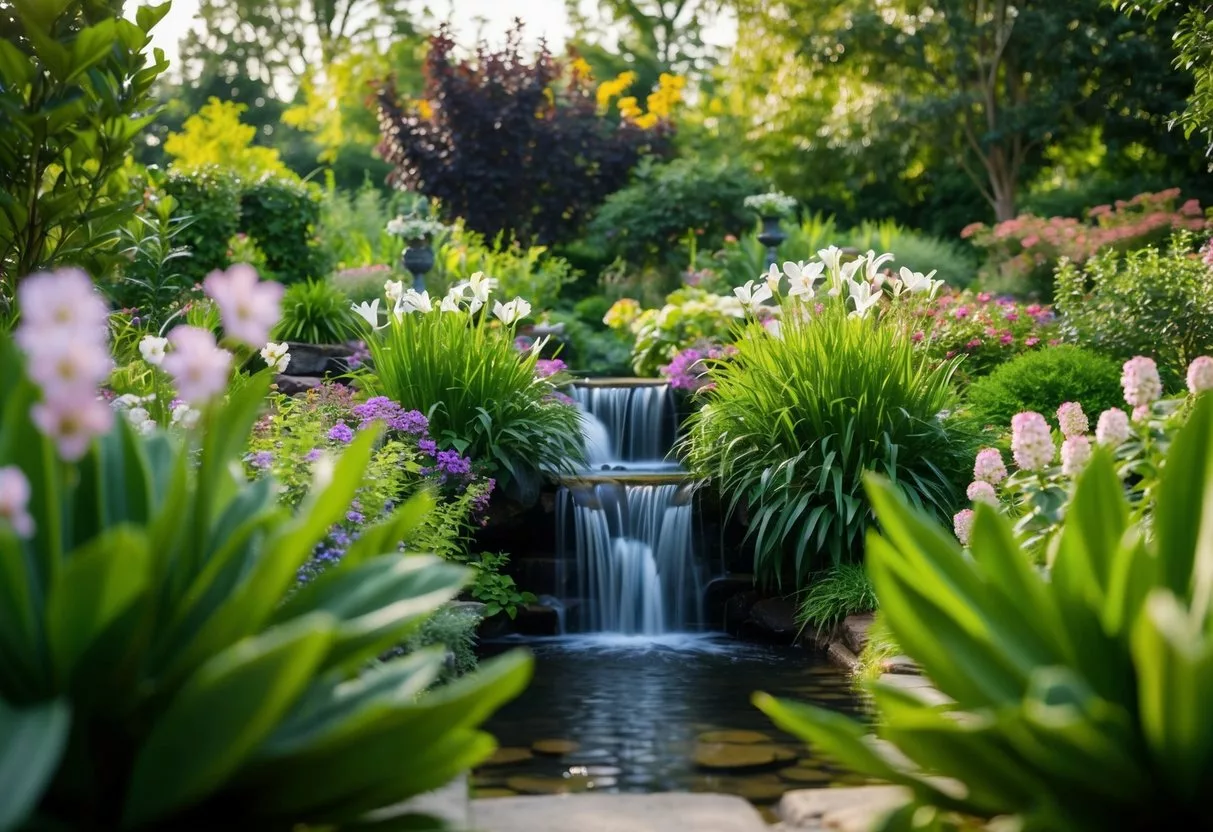 A serene garden with a peaceful waterfall surrounded by lush greenery and blooming flowers, creating a tranquil and healing atmosphere for mesothelioma patients