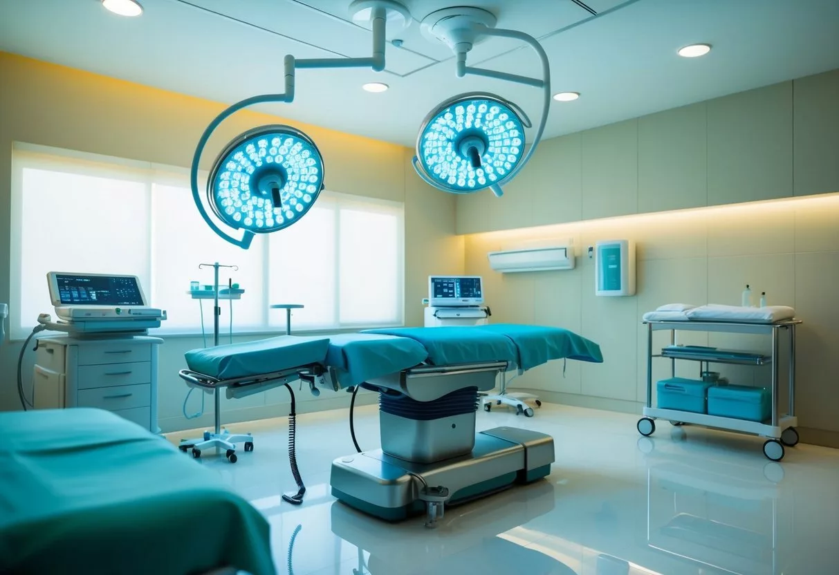 A serene spa-like setting with a sleek, modern surgical table and equipment, surrounded by soft lighting and calming colors