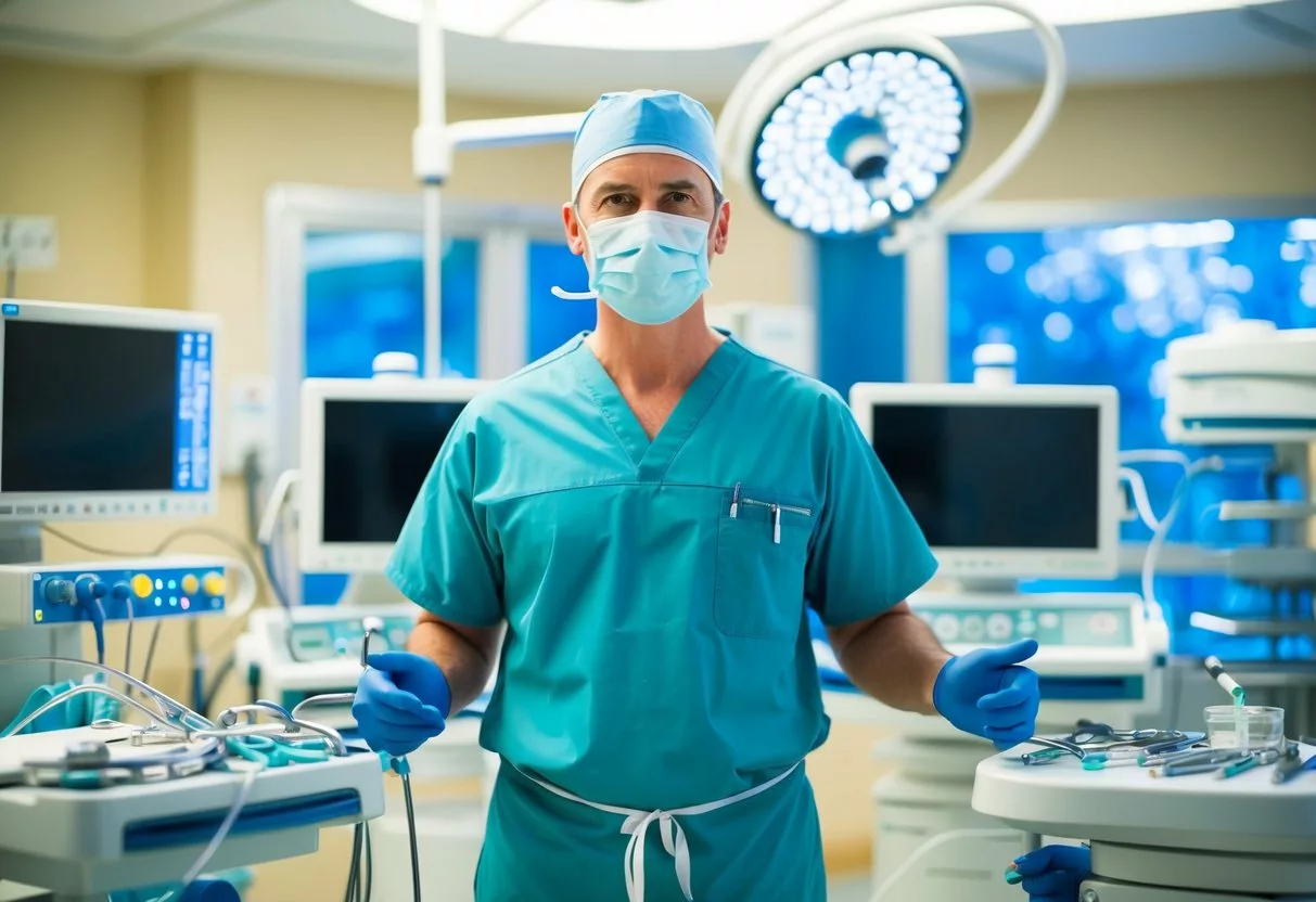 A surgeon in scrubs and a mask stands in an operating room, surrounded by surgical tools and equipment. The room is well-lit and sterile, with monitors and machines humming softly in the background