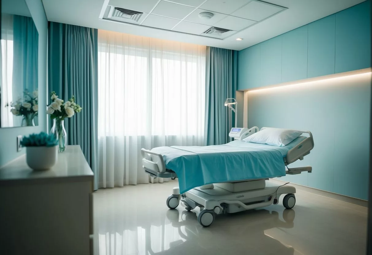 A serene recovery room with a comfortable bed, soft lighting, and a peaceful atmosphere